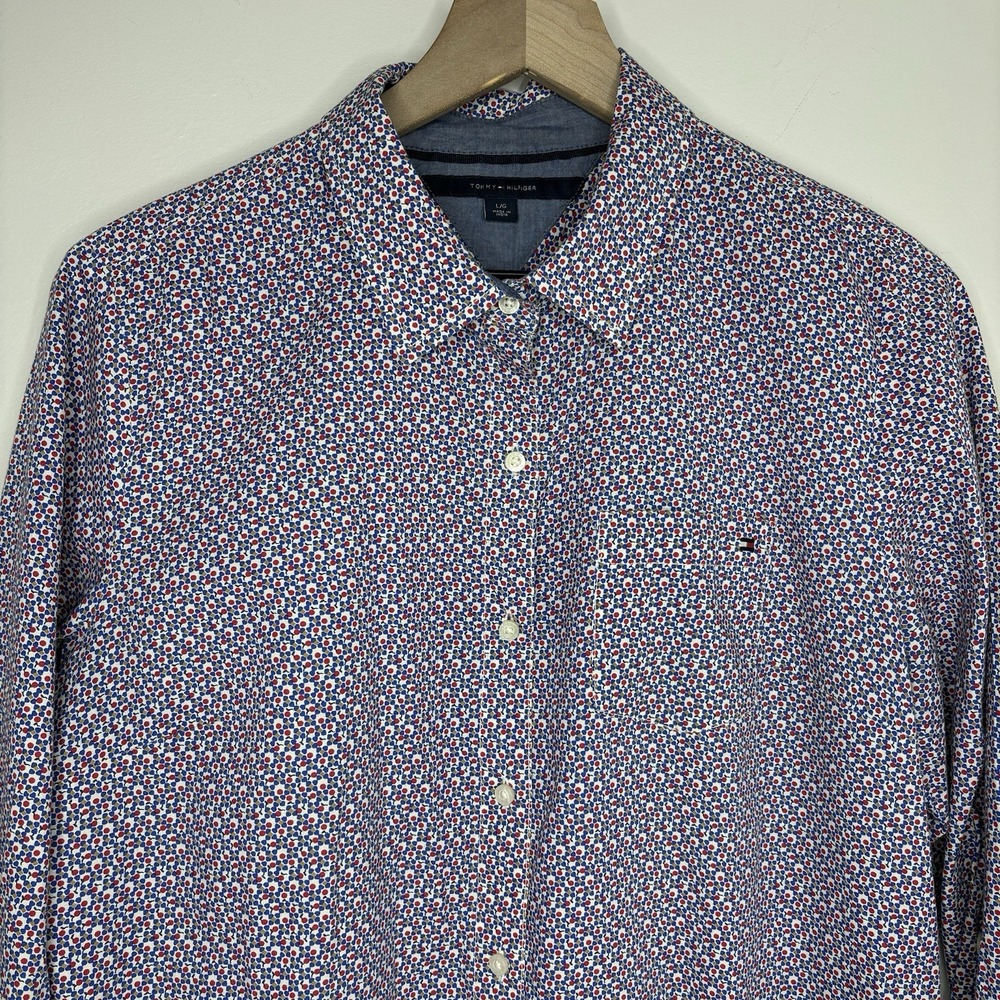 Tommy Hilfiger Blouse Large Tab Sleeve Y2K Coastal Red Blue White Cotton 90s